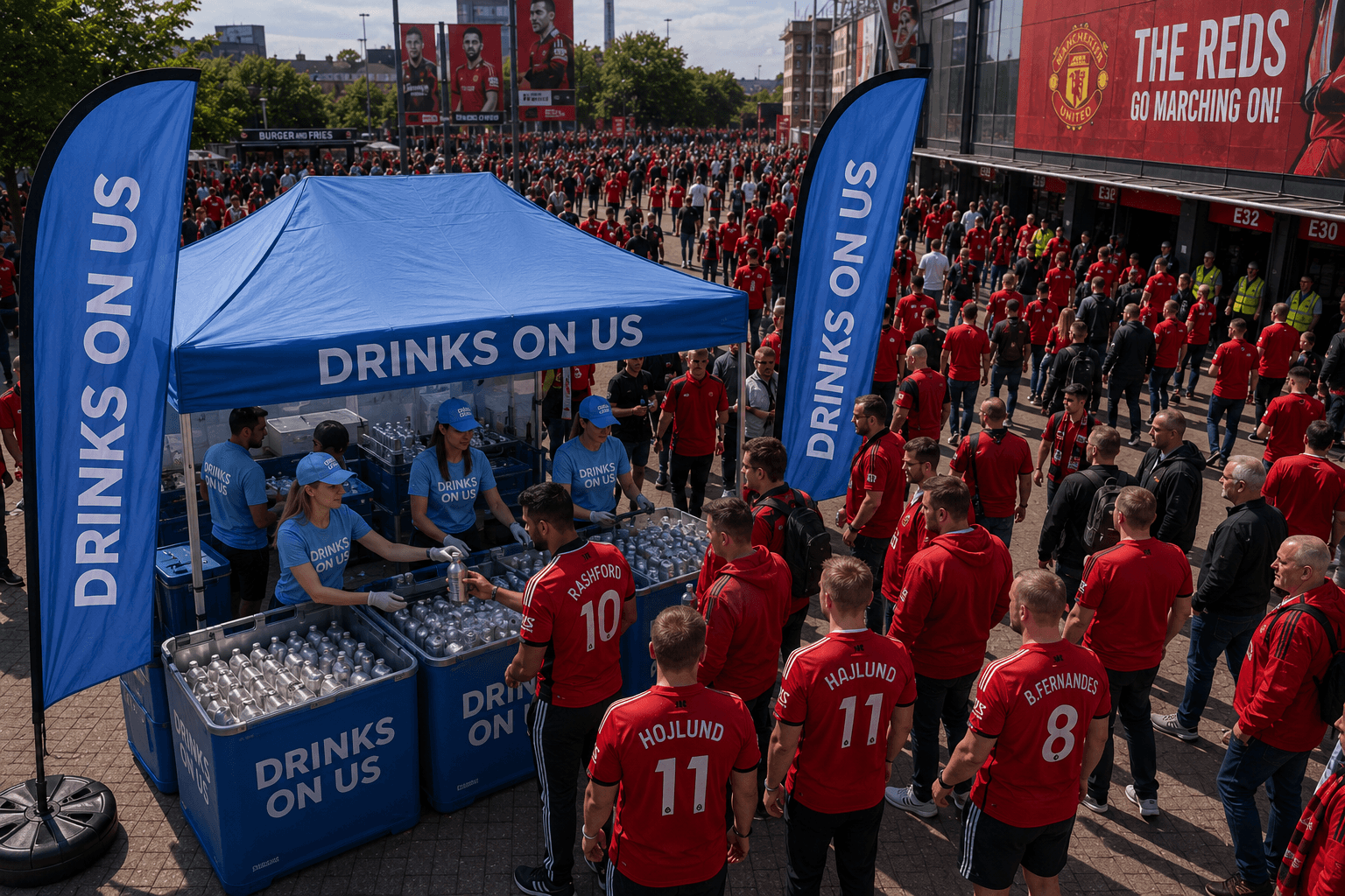 Drinks On Us activation handing out drinks to fans outside a stadium